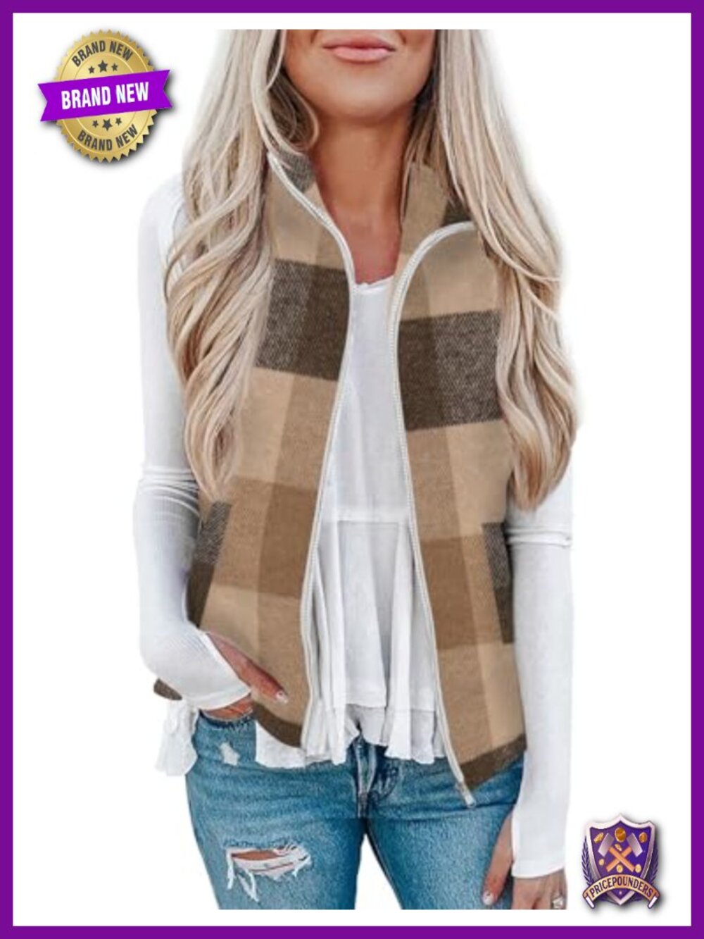 Plaid Zip Up Sleeveless Vest with Pockets Collared Outerwear